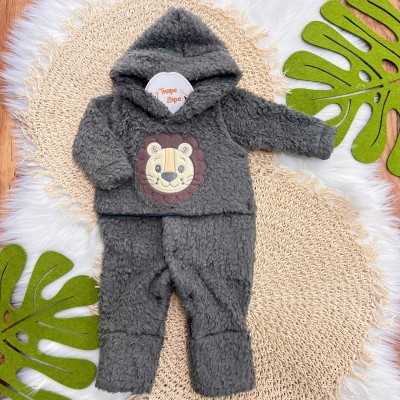 Macacão de Pelinho Sherpa Leão com Capuz - Grafite